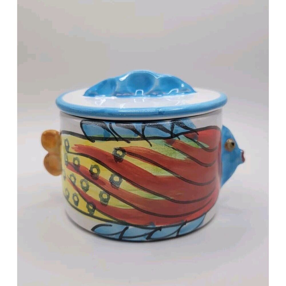 Vietri 3D Hand Painted Kissing Fish Covered Sugar DishTrinket Box Made In Italy